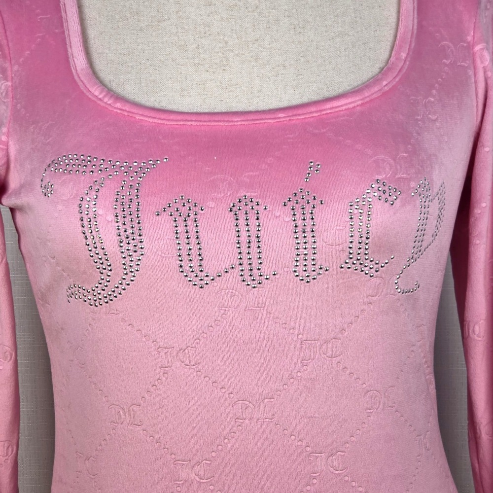 Juicy Couture Pink Velour Top Women's Medium Long Sleeve Sleepwear Rhinestones - Picture 4 of 10